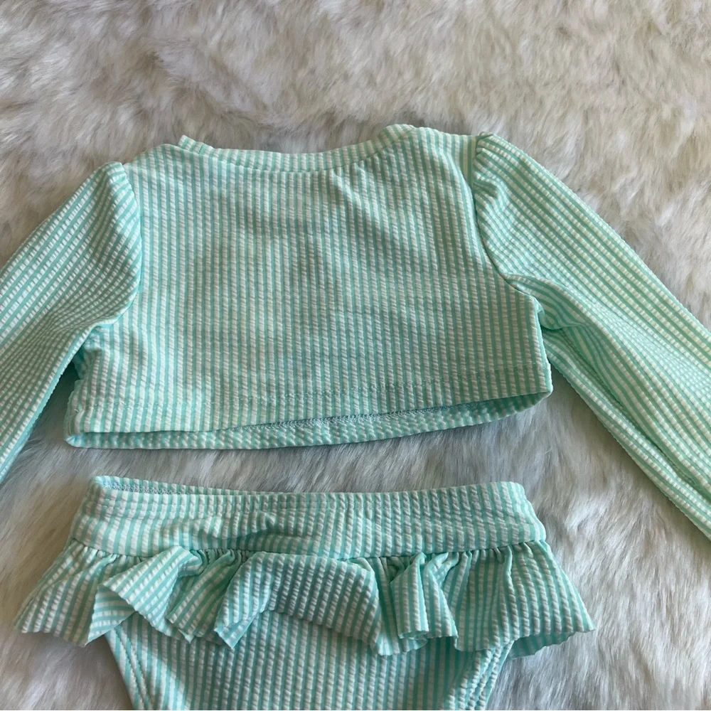 Cat & Jack Girls Long‎ Sleeve Striped Strawberry Two Piece Swimsuit Blue 18 M